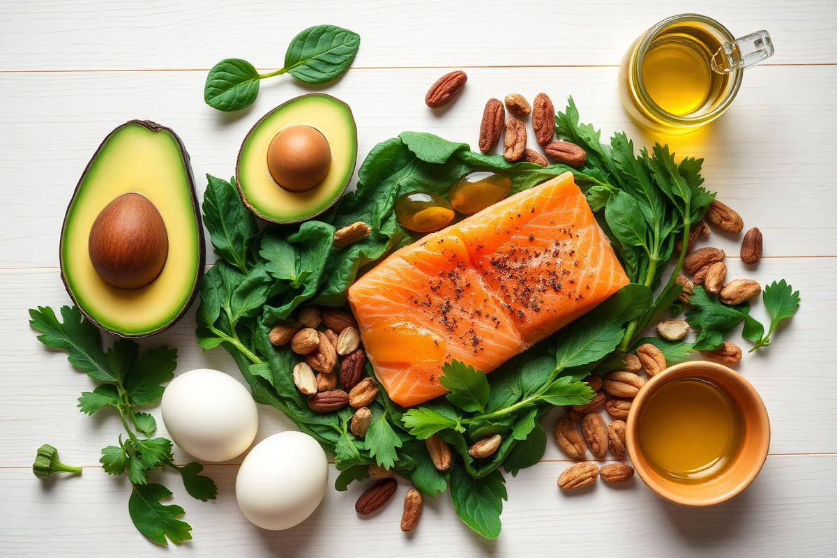 Fresh low-carb keto-friendly foods including avocado, salmon, eggs, leafy greens and nuts